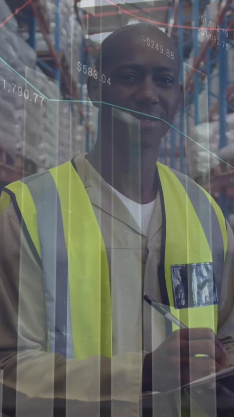 Animation of data processing over portrait of african american male worker Stock Footage 342811855