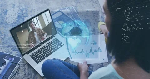 Animation of data processing over rear view of woman holding a document having a Stock Footage 329123742