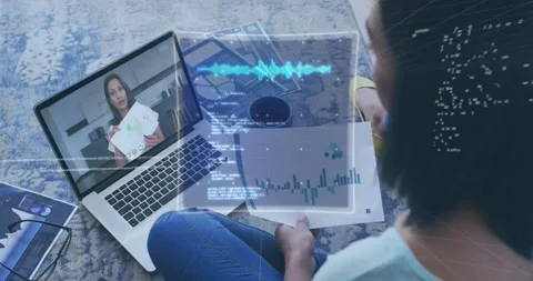 Animation of data processing over rear view of woman holding a document having a 库存影片 330294900