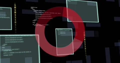 Animation of data processing over red circle on balck background Video stock 328257432