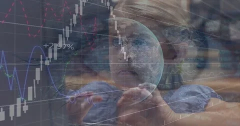 Animation of data processing over schoolchildren looking at globe in class Stock Footage 329698178
