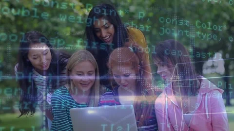 Animation of data processing over schoolchildren and teacher looking at globe in Stock Footage 330294604