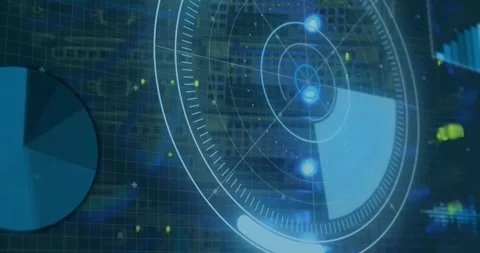 Animation of data processing over scope scanning and cables of computer server Stock Footage 327848434