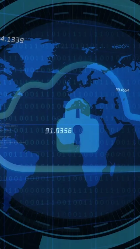 Animation of data processing over scope scanning and world map with cloud Stock Footage 343028344