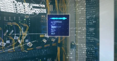 Animation of data processing over screens over caucasian woman checking servers Stock Footage 220365835