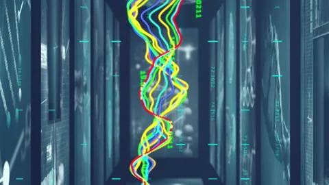 Animation of data processing over screens with dna strand on black background Stock Footage 312487864