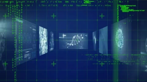 Animation of data processing over with screens and 3d dna strand spinning Stock Footage 327444037