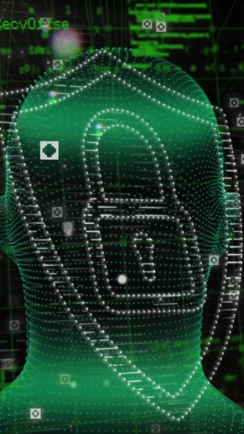 Animation of data processing over security padlock icon and human head model on Stock Footage 342009725