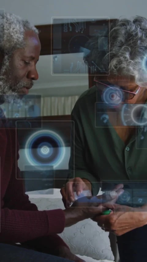 Animation of data processing over senior african american couple cleaning hand Vídeo Stock 343028180