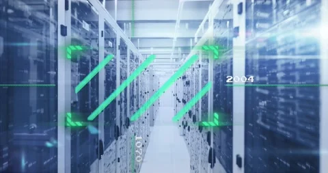 Animation of data processing over server room Stock Footage 171585039