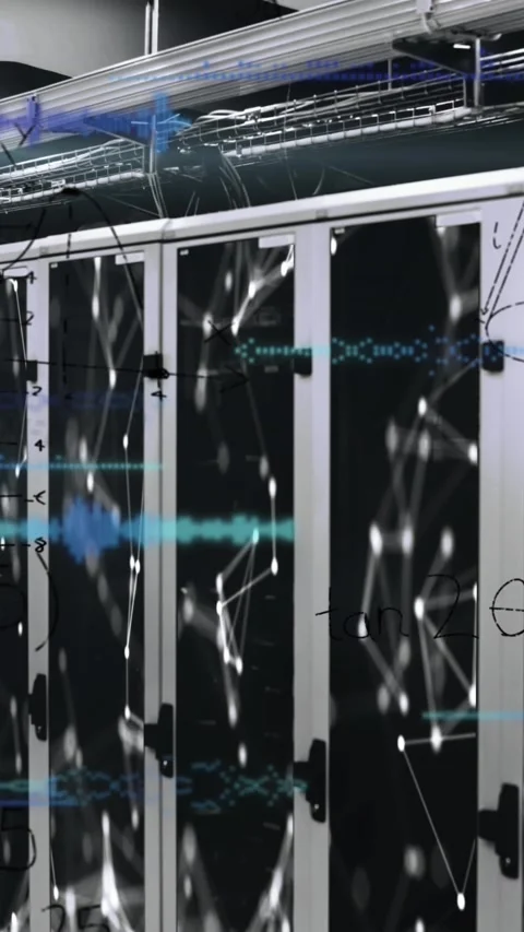 Animation of data processing over server room Stockbeeldmateriaal 320183278