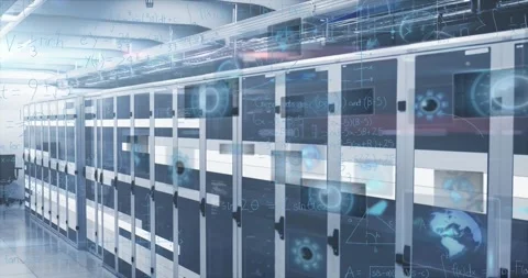 Animation of data processing over server room Stockbeeldmateriaal 325965766