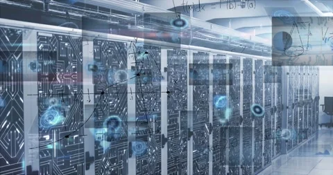 Animation of data processing over server room Stockbeeldmateriaal 326303768