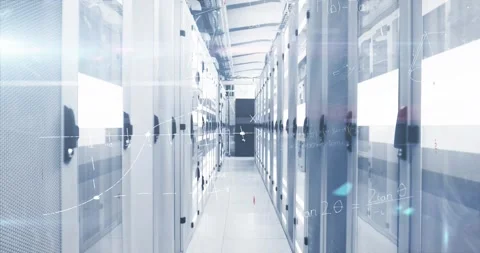 Animation of data processing over server room Stockbeeldmateriaal 327784295
