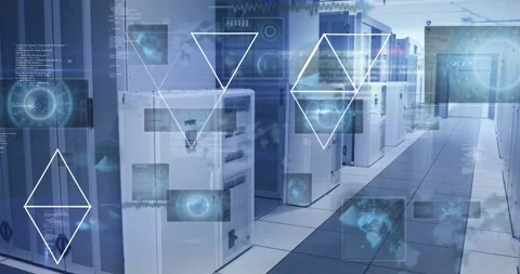 Animation of data processing over server room Stockbeeldmateriaal 328154452
