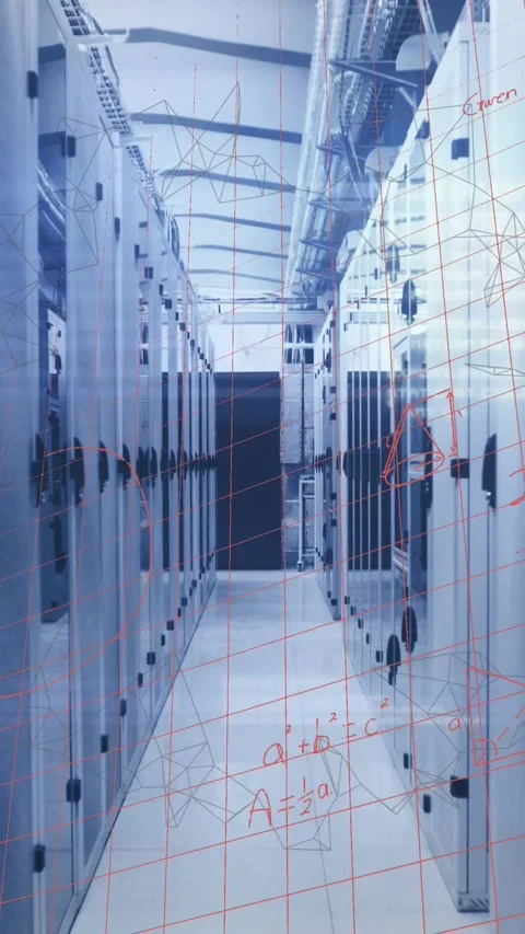 Animation of data processing over server room Stock Footage 343778946