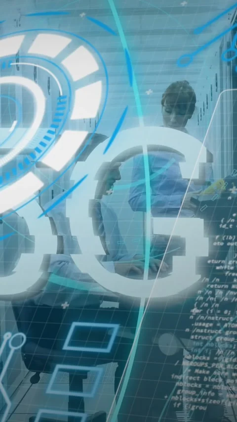 Animation of data processing over server caucasian room workers Stock Footage 344783018