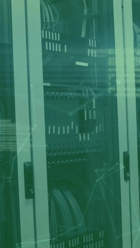 Animation of data processing over shapes and server room Stock Footage 343996187