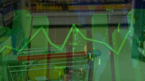 Animation of data processing over shop trolley Stockbeeldmateriaal 325699684