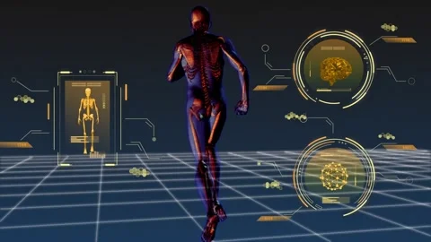 Animation of data processing over skeleton model running Video stock 232544533