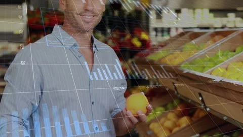 Animation of data processing over smiling caucasian man holding fruit in shop Stock Footage 328006463