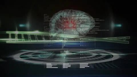 Animation of data processing over spinning human brain icon and dna structure on 库存影片 244986260
