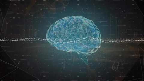 Animation of data processing over spinning human brain icon and purple abstract Stock Footage 328642401
