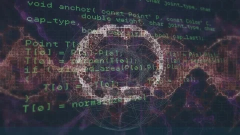 Animation of data processing over spinning human brain icon and purple digital Stock Footage 329864298