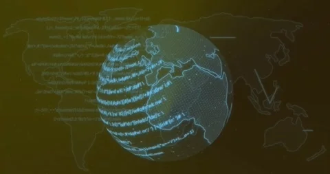 Animation of data processing over spinning globe and world map against grey Stock Footage 330295079