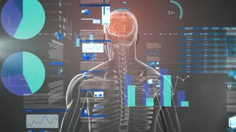 Animation of data processing over spinning human body model and light spot Stock Footage 330337150