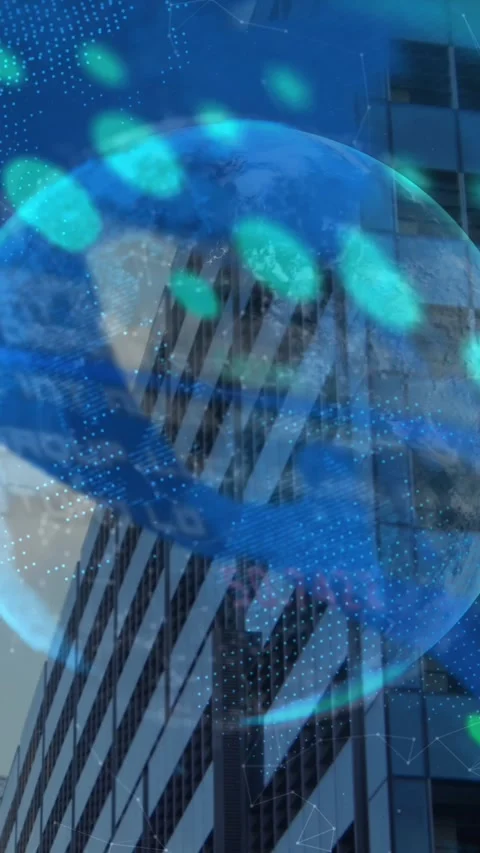 Animation of data processing over spinning globe and world map against tall Stock Footage 342707567