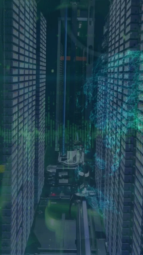 Animation of data processing over spinning globe against computer server room Stock Footage 344693189