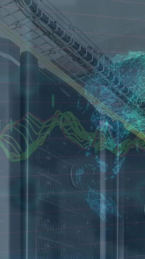 Animation of data processing over spinning globe against computer server room Stock Footage 344706229