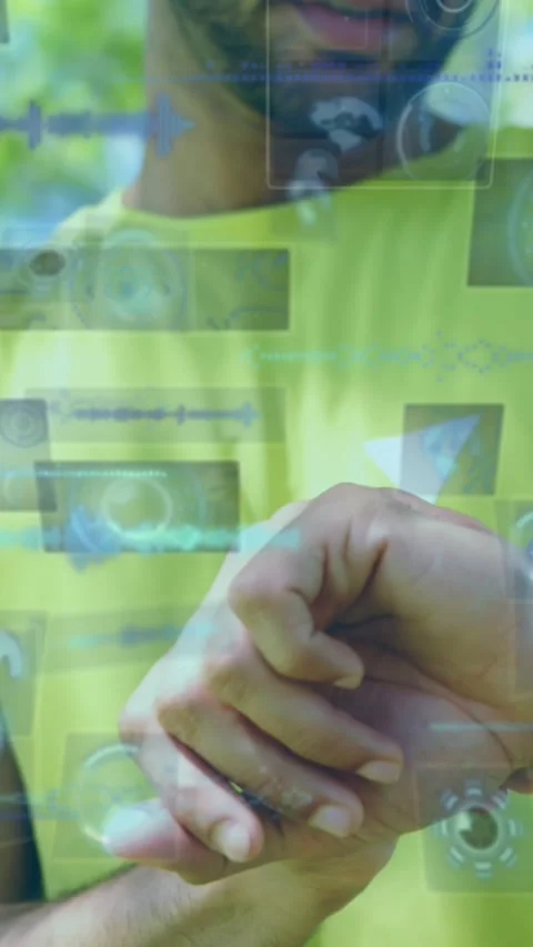 Animation of data processing over sportsman checking smartwatch Stock Footage 343027851