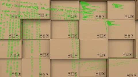 Animation of data processing over stack of cardboard boxes Stock Footage 157674425