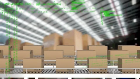 Animation of data processing over stacks of cardboard boxes on conveyor belts in Stock Footage 157350319