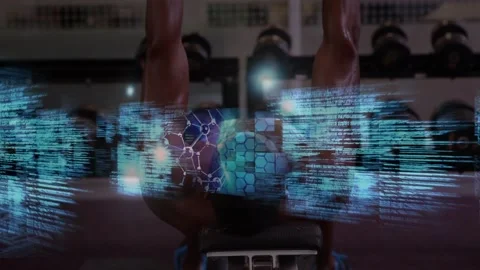 Animation of data processing over strong man exercising Stock Footage 157923197