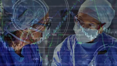 Animation of data processing over surgeons in face masks and grid Stock Footage 329563859