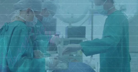 Animation of data processing over surgeons in face masks Stock Footage 329694997