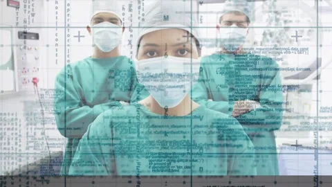 Animation of data processing over surgeons in face masks and grid Stock Footage 329925592