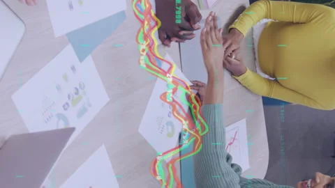 Animation of data processing over team of diverse colleagues stacking their Stock Footage 312354698