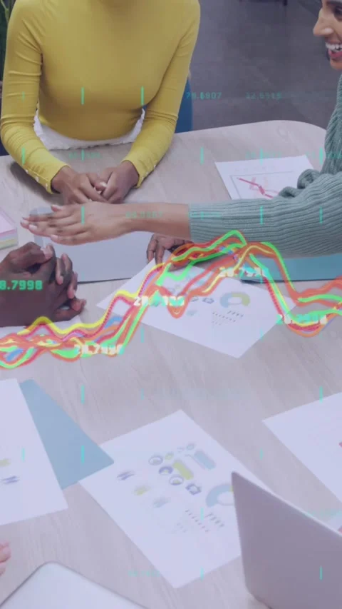 Animation of data processing over team of diverse colleagues stacking their Stock Footage 321788552
