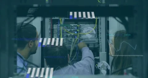 Animation of data processing over team of diverse engineers working at computer Stock Footage 327198490