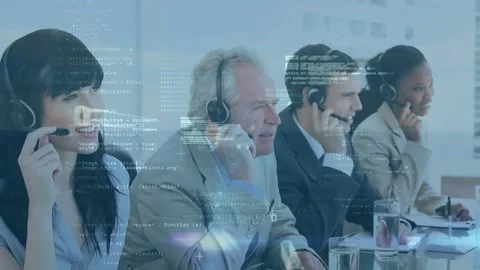 Animation of data processing over team of diverse customer care executives Stock Footage 328299055