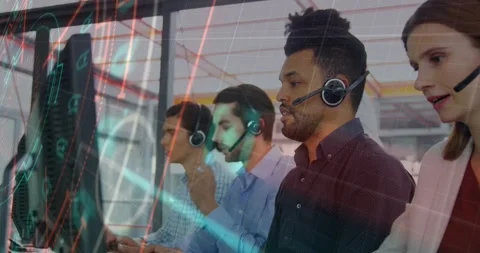 Animation of data processing over team of diverse customer care executives Stock Footage 329511029