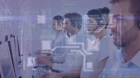 Animation of data processing over team of diverse customer care executives Stock Footage 329775498