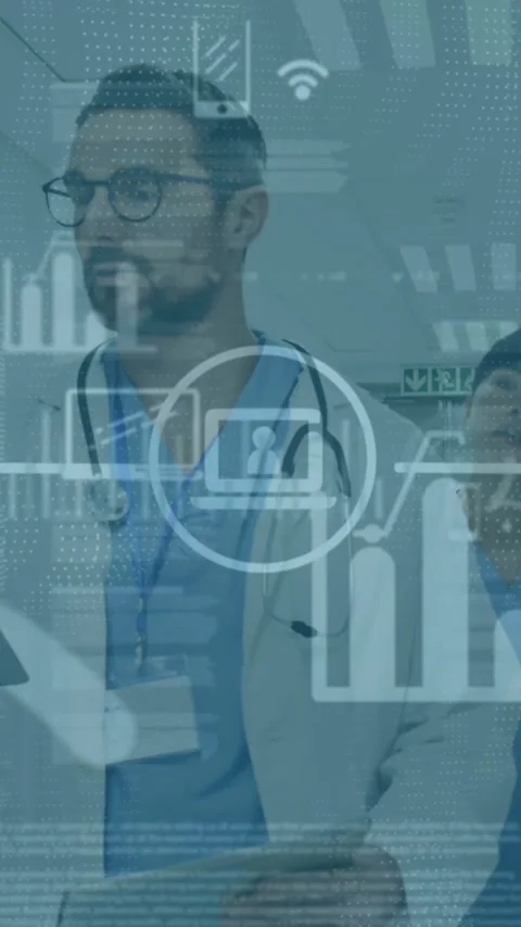 Animation of data processing over team of doctors discussing over reports in Stock Footage 344774894
