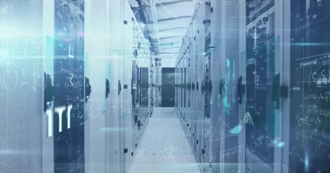 Animation of data processing over tech room with computer servers Stock Footage 326756499