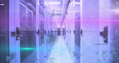 Animation of data processing over tech room tech computer servers Stock Footage 327355770