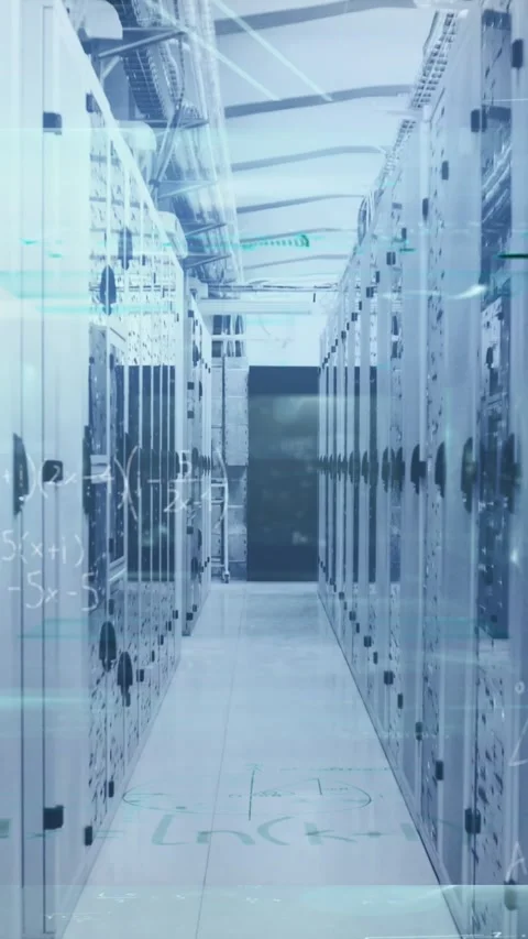 Animation of data processing over tech room with computer servers Stock Footage 344524542